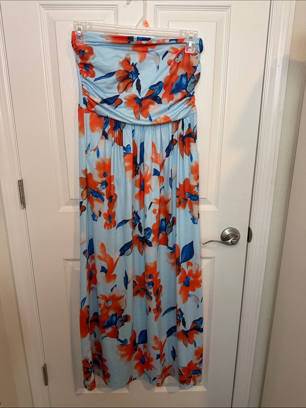 Grace Karin Light Blue Floral Maxi Dress with Orange & Royal Blue Accents size M